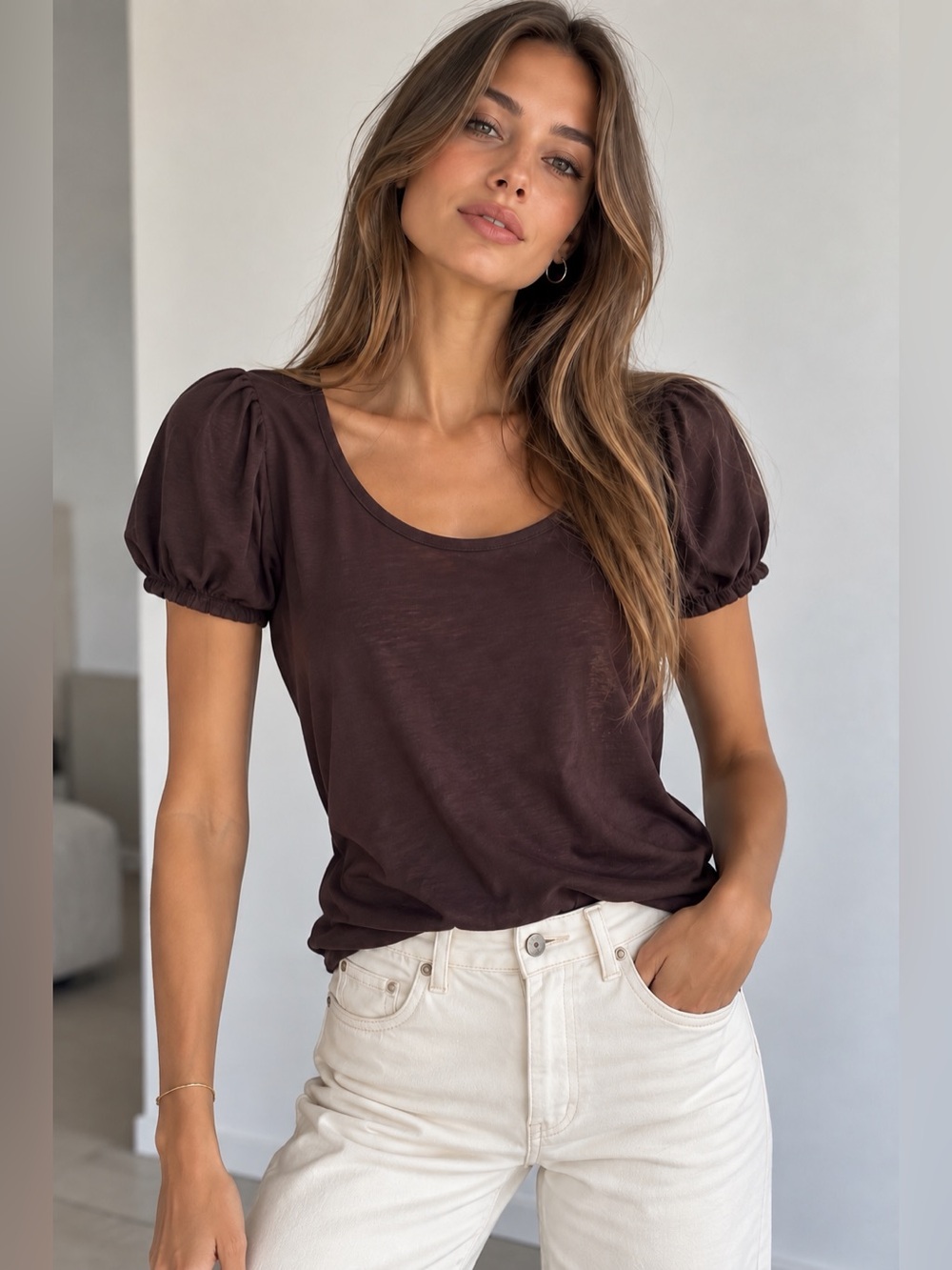 Façonnable Brown Modal Cotton Puff Sleeve Top XS